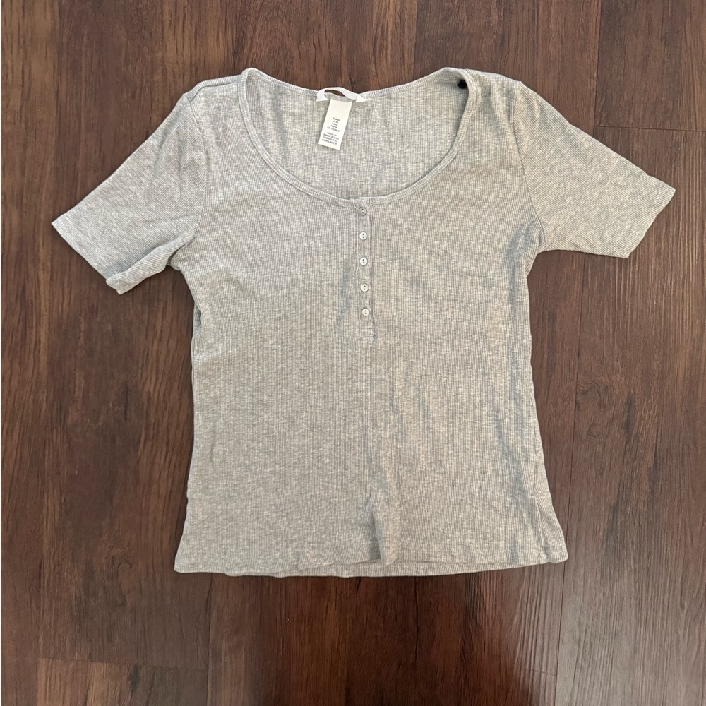 H&M Ribbed Short Sleeve Henley Top Heather Grey Medium